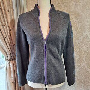 Eddie Bauer Sport Size Medium Petite Gray Full Zip Sweater Snowflake Sleeves EUC